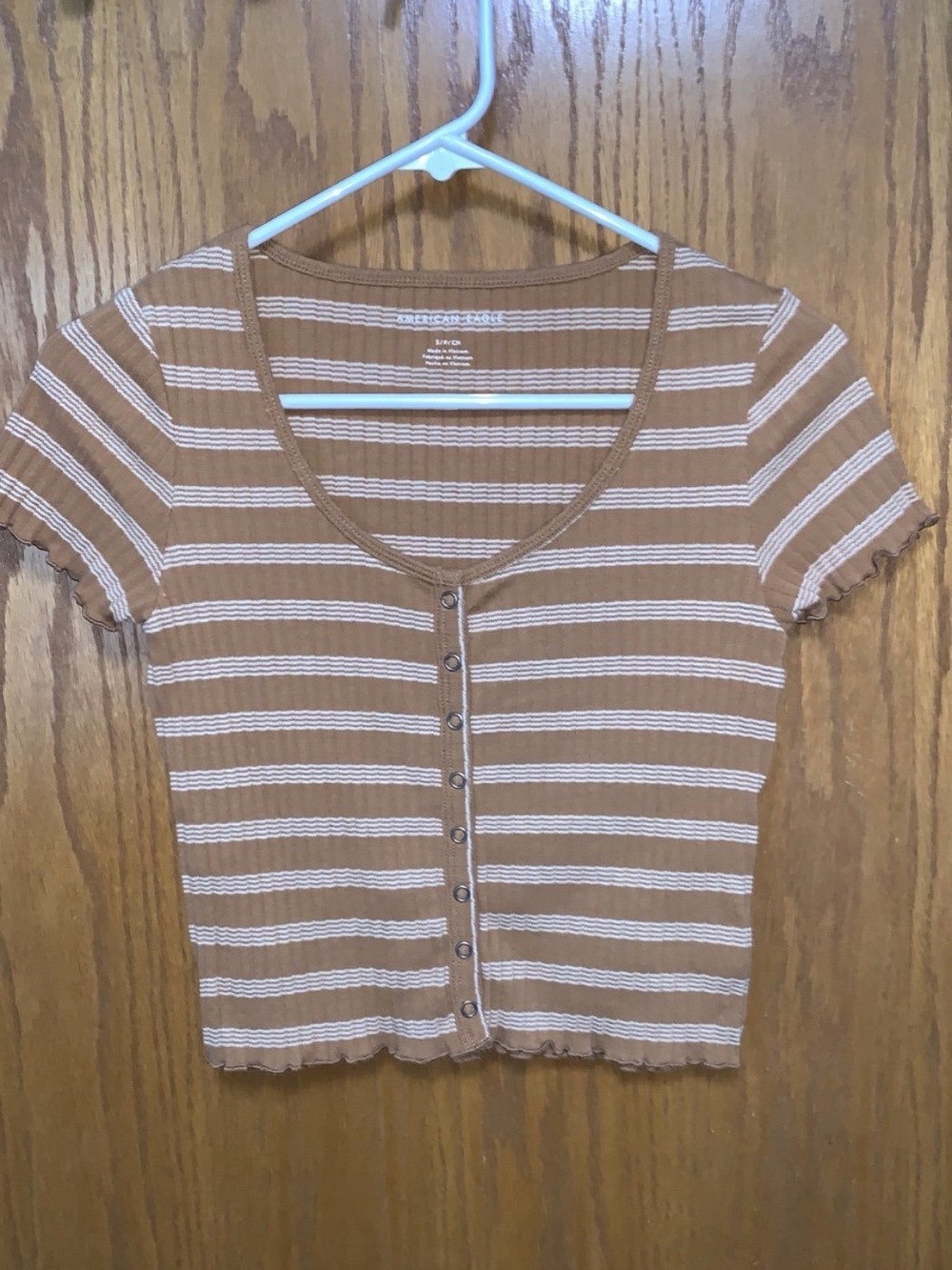 American Eagle Striped Button-Front Ribbed Top Mustard Yellow